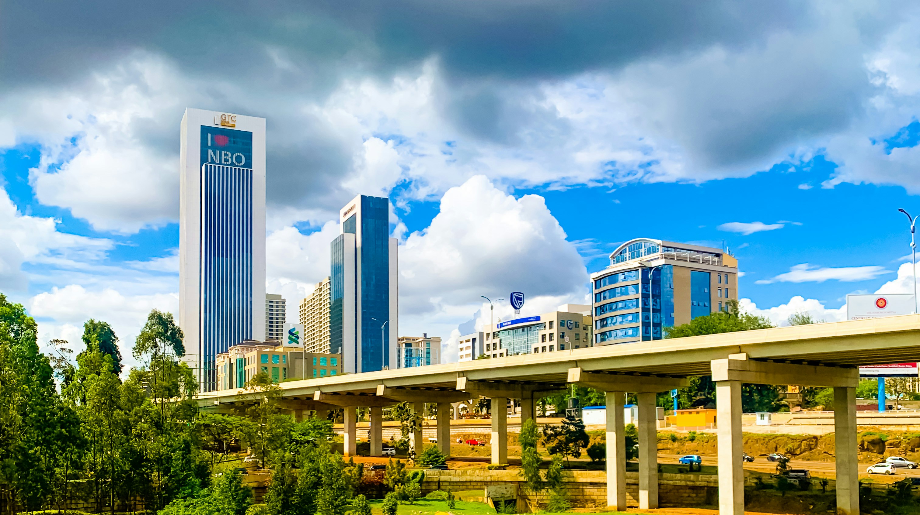 Nairobi skyline with construction cranes and modern buildings